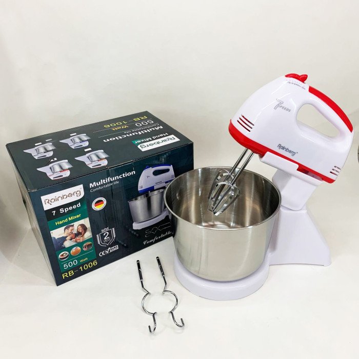 Стаціонарний електричний міксер із чашею Rainberg RB-1006 500W з насадками для замішування тіста Red