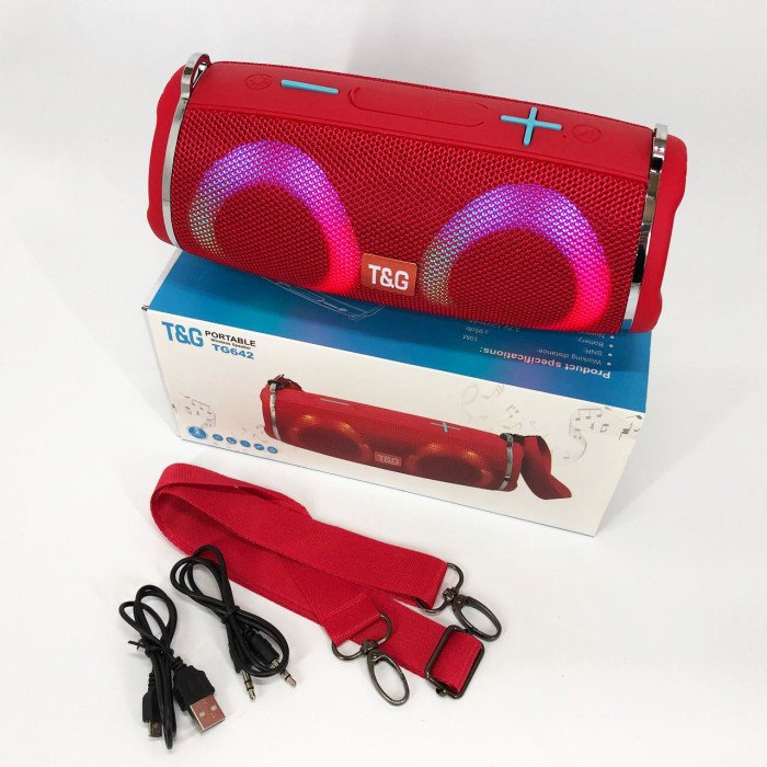 Портативна колонка TG642 з RGB підсвічуванням та ремінцем, портативна блютус колонка. Колір: червоний