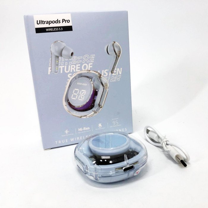 Бездротові навушники TWS T8 PRO з прозорим кейсом Вакуумний LED дисплей Bluetooth 5.3. Колір: блакитний