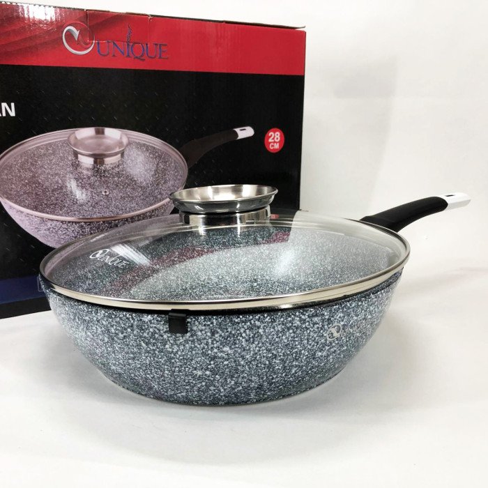 Сковорода глибока UNIQUE UN-5172 28 см з кришкою, Міцна сковорідка з антипригарним покриттям