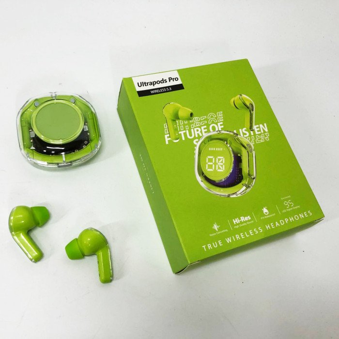 Бездротові навушники TWS T8 PRO з прозорим кейсом Вакуумний LED дисплей Bluetooth 5.3. Колір: зелений