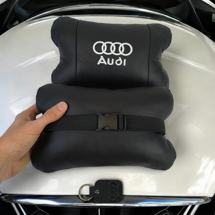 Автомобільна подушка для підголівника Audi – чорна натуральна шкіра