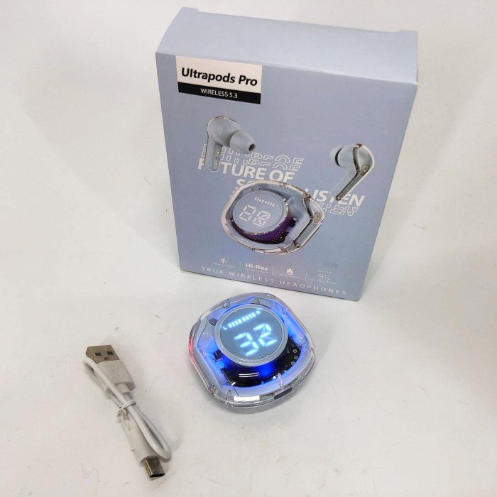 Бездротові навушники TWS T8 PRO з прозорим кейсом Вакуумний LED дисплей Bluetooth 5.3. Колір: блакитний