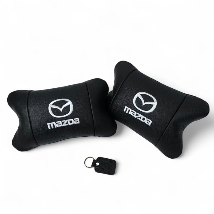Набір шкіряних подушок Mazda з вишивкою логотипу + подарунок – шкіряний брелок