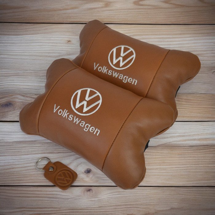 Набір подушок 2шт для автомобіля Volkswagen, з натуральної коричневої шкіри. Подушки на підголовник