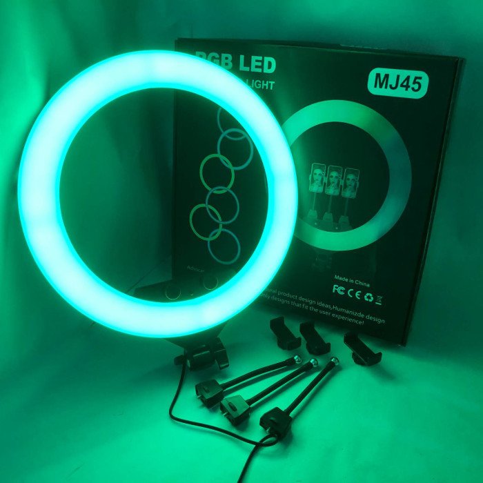 Кільцева LED лампа RGB MJ45 Ring 45 см комплектація адаптер із вбудованим кабелем, тримачі для телефону, пульт