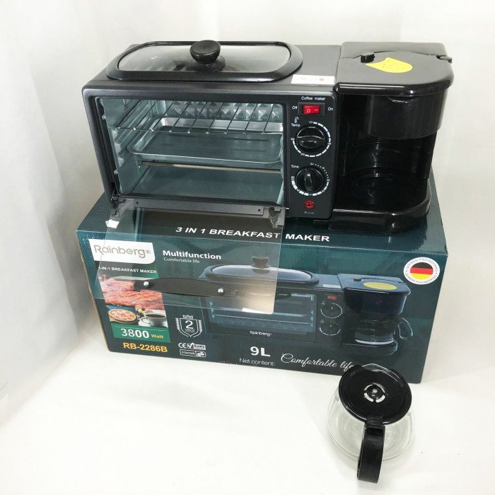 Електрична піч для сніданку 3в1 Rainberg RB-2286B 3800 Вт (піч, кавоварка, поверхня для смаження)
