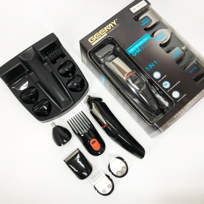 Машинка для стрижки 5в1 Geemy GM-853 стайлер, бритва, триммер на акумуляторі нержавіюча сталь 6 насадок