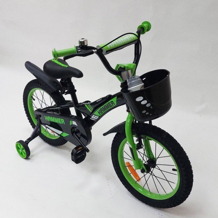 Дитячий двоколісний велосипед Hammer Smart H2021 20 дюймів із бічними колесами, кошиком. Колір: зелений