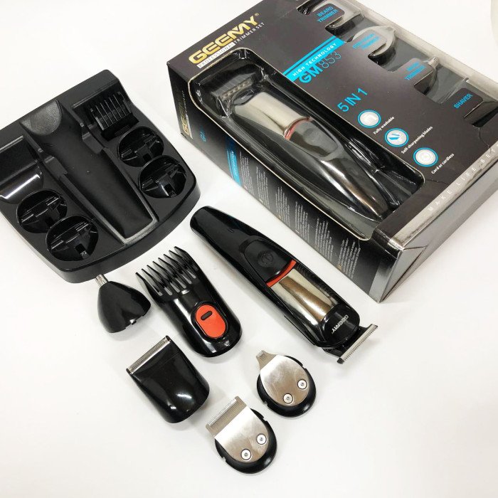 Машинка для стрижки 5в1 Geemy GM-853 стайлер, бритва, триммер на акумуляторі нержавіюча сталь 6 насадок