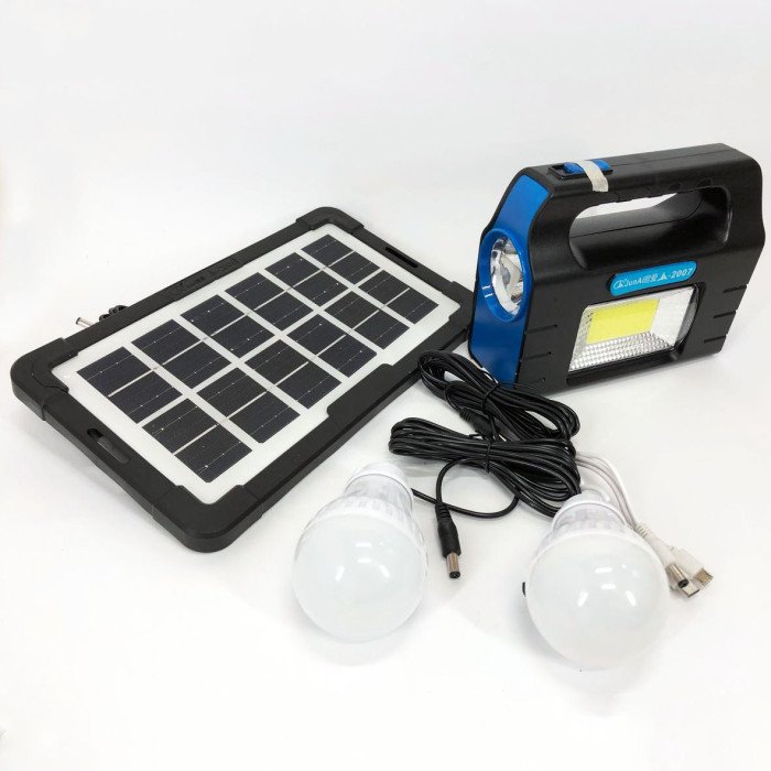 Ліхтар портативний на сонячній батареї JA-2007 сонячна зарядна станція + 2 лампочки. Колір: блакитний