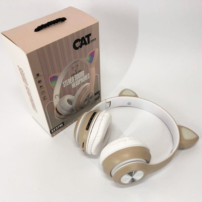 Навушники накладні бездротові ST37M зі котячими вушками, що світяться. Колір: золотий