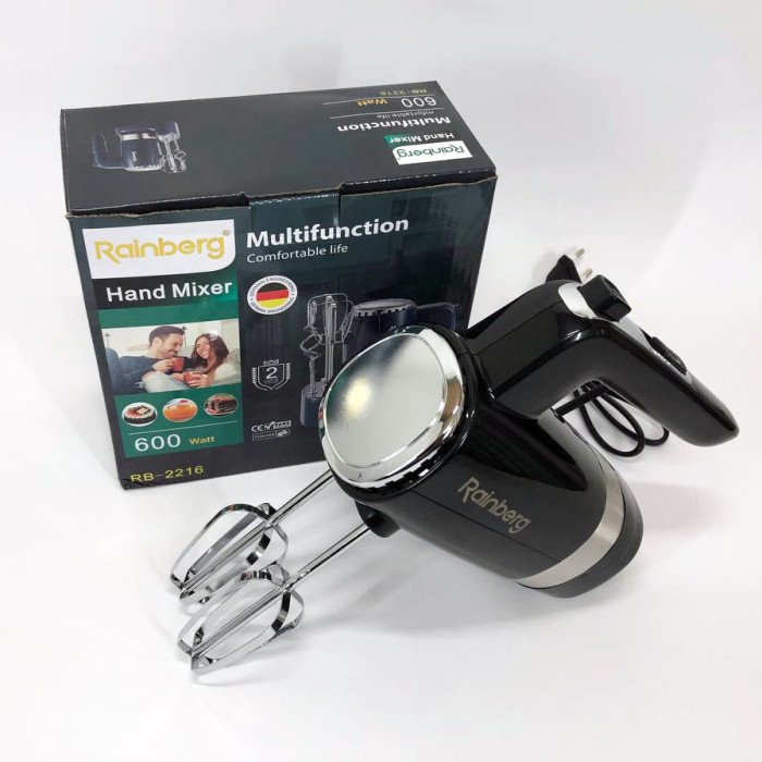 Міксер ручний Rainberg RB-2216 (5 швидкостей, 2 насадки та підставка) 600W, потужний міксер блендер ручний