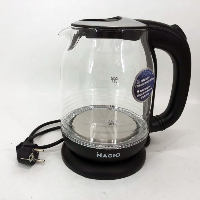 Електрочайник Magio MG-983 з підсвічуванням, 1.7Л, Стильний електричний чайник, прозорий з підсвічуванням