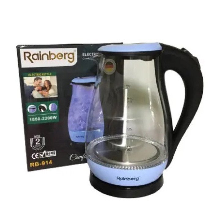Чайник електричний скляний Rainberg RB-914, прозорий чайник з підсвічуванням. Колір: блакитний