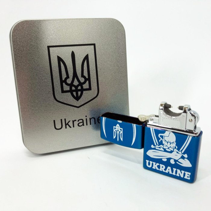 Дугова електроімпульсна запальничка USB Україна (металева коробка) HL-449. Колір: синій