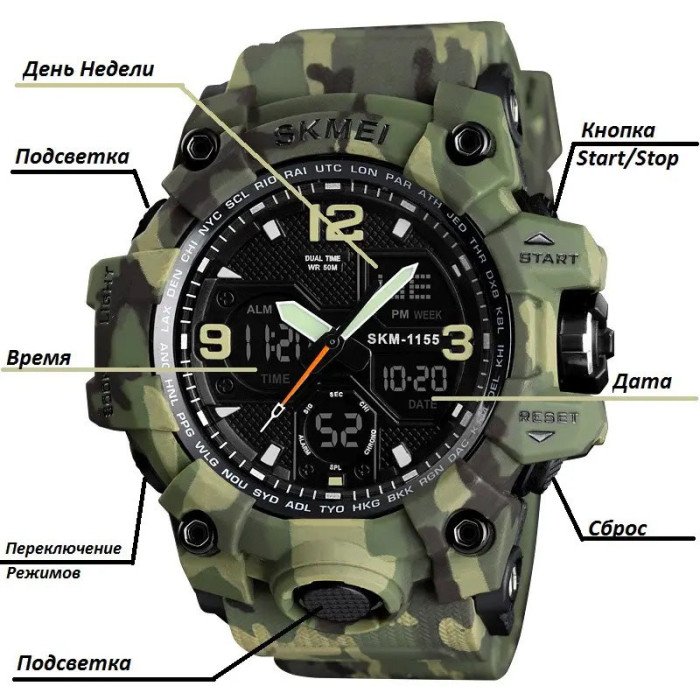 Годинник наручний чоловічий SKMEI 1155BCMGN GREEN CAMO, брендовий чоловічий годинник. Колір: зелений камуфляж