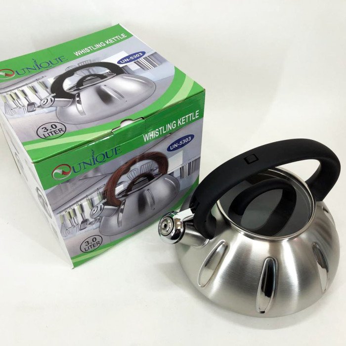 Чайник із свистком Unique UN-5303 кухонний на 3 літри, металевий чайник із нержавіючої сталі. Колір: чорний