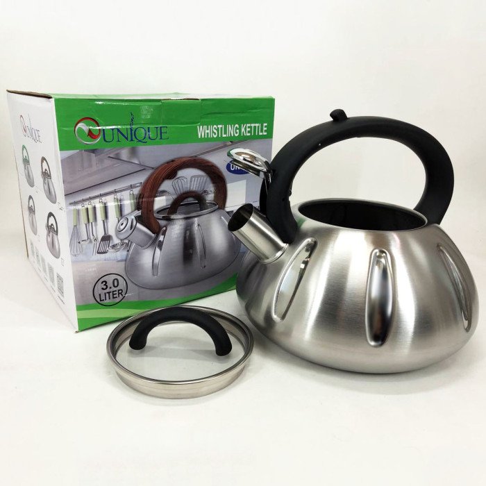 Чайник із свистком Unique UN-5303 кухонний на 3 літри, металевий чайник із нержавіючої сталі. Колір: чорний