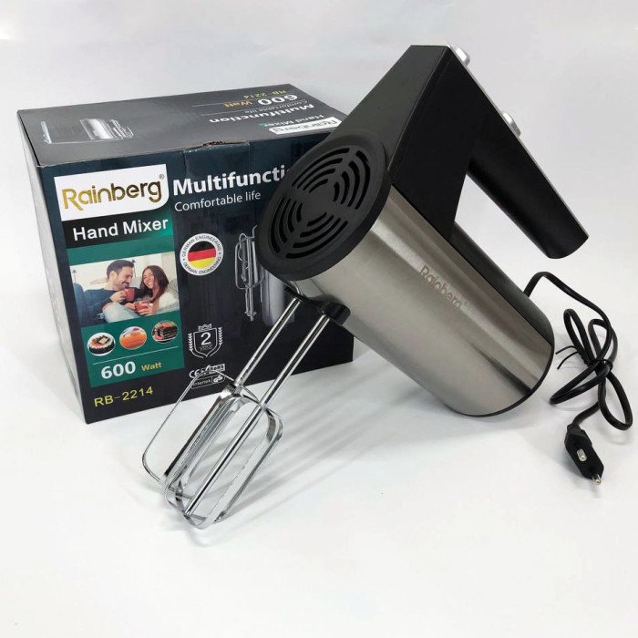 Міксер ручний електричний Rainberg RB-2214 600W 5 швидкостей з підставкою, двовіночковий міксер