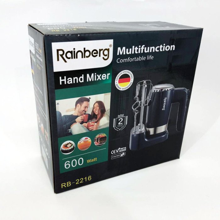 Міксер ручний Rainberg RB-2216 (5 швидкостей, 2 насадки та підставка) 600W, потужний міксер блендер ручний