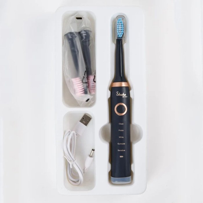 Електрична щітка Shuke SK-601 акумуляторна. Ультразвукова щітка для зубів + 3 насадки. Колір: чорний