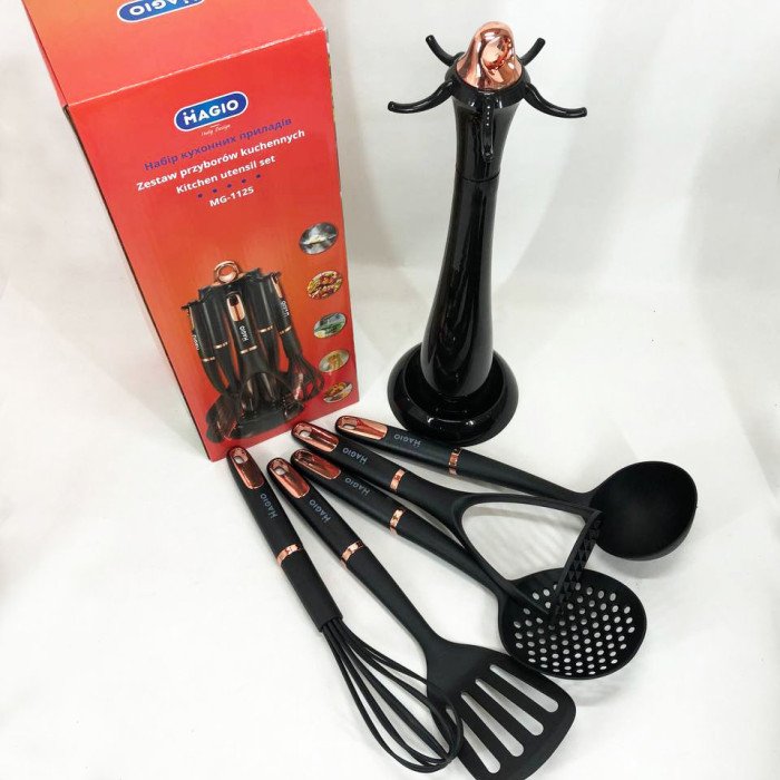 Набір кухонних приладів Magio MG-1125, набір поварешок на підставці, набір силіконових приладів для кухні
