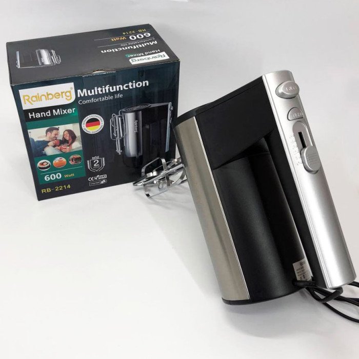 Міксер ручний електричний Rainberg RB-2214 600W 5 швидкостей з підставкою, двовіночковий міксер