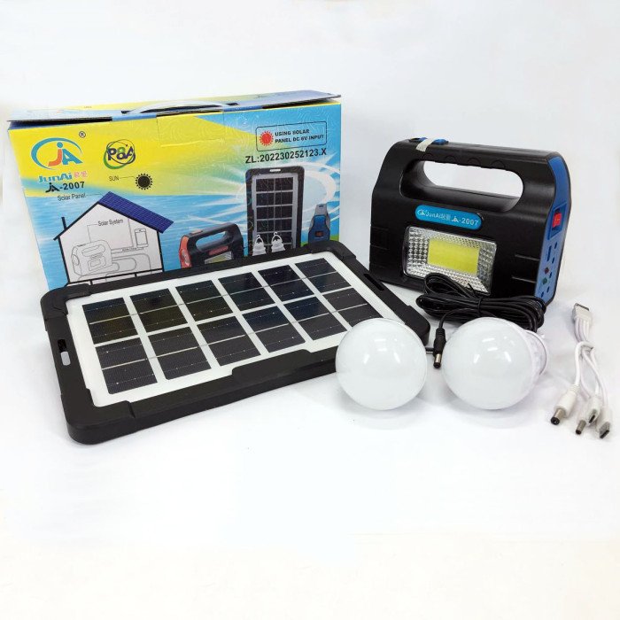Ліхтар портативний на сонячній батареї JA-2007 сонячна зарядна станція + 2 лампочки. Колір: блакитний