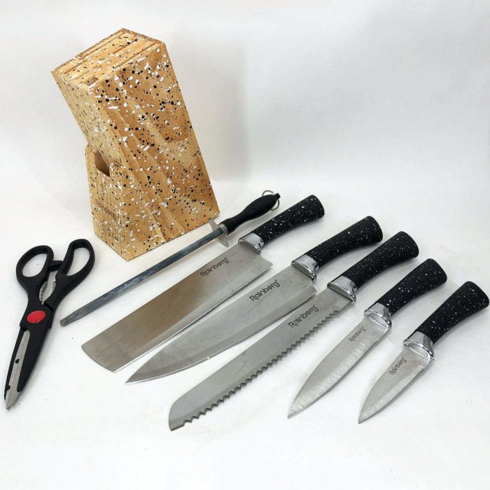 Набір ножів Rainberg RB-8806 на 8 предметів з ножицями та підставкою з нержавіючої сталі. Колір: чорний