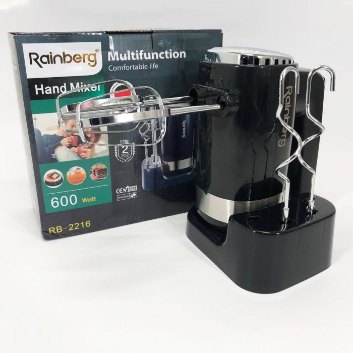 Міксер ручний Rainberg RB-2216 (5 швидкостей, 2 насадки та підставка) 600W, потужний міксер блендер ручний