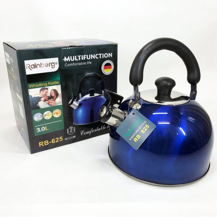 Чайник Rainberg RB-625 із нержавіючої сталі зі свистком 3л гарний чайник для газової плити. Колір: синій