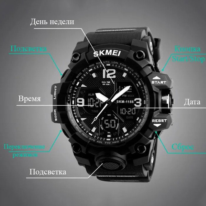 Годинник наручний чоловічий SKMEI 1155BBK, армійський годинник протиударний. Колір: чорний
