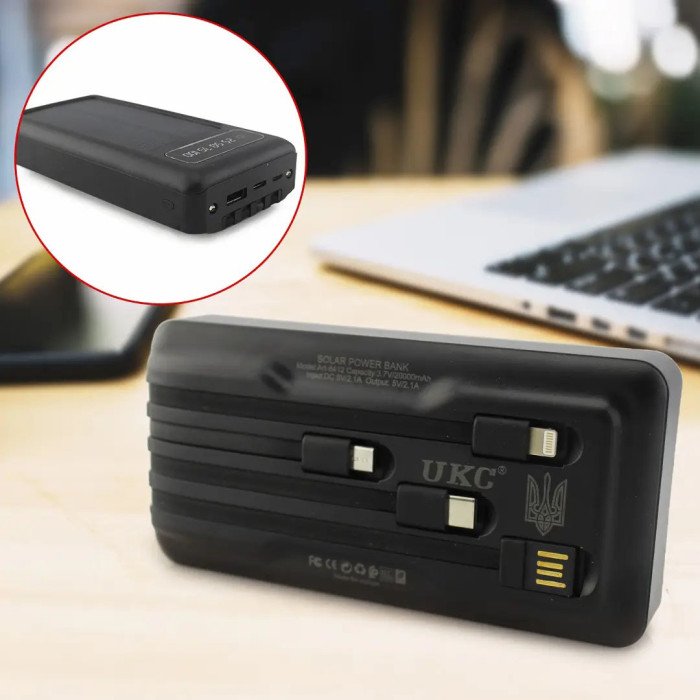 Портативний зарядний пристрій на 10000mAh, Power Bank на сонячній батареї, заряджання. Колір: чорний