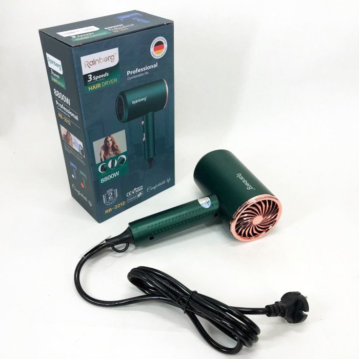 Фен Rainberg RB-2212 8800 W з регуляцією температури та швидкості для сушіння та укладання волосся. Колір: зелений