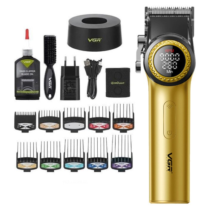 Професійна машинка для стрижки волосся VGR V-001 з дисплеєм 9000 об/хв та 10 насадками. Колір: золотий