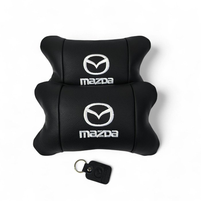 Набір шкіряних подушок Mazda з вишивкою логотипу + подарунок – шкіряний брелок