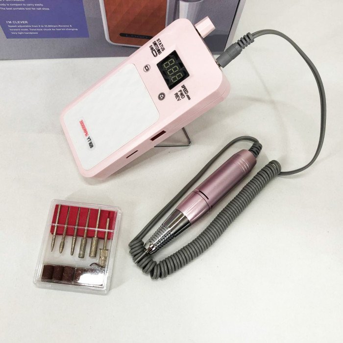 Портативний фрезер для нігтів Nail Drill YT-928 акумуляторний з індикатором заряду на 35 000 оборотів. Колір: рожевий