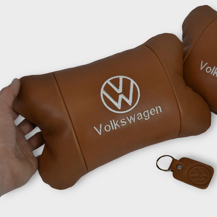 Набір подушок 2шт для автомобіля Volkswagen, з натуральної коричневої шкіри. Подушки на підголовник