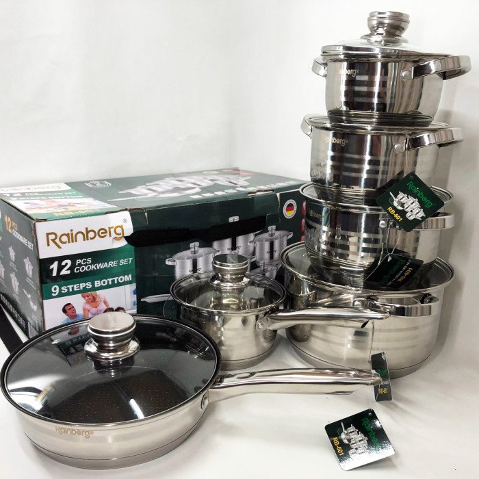 Набір посуду Rainberg RB-601 (12 предметів) з нержавіючої сталі, каструлі з нержавіючої сталі