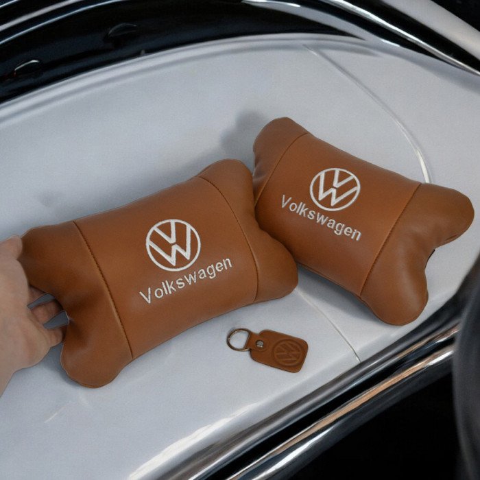 Набір подушок 2шт для автомобіля Volkswagen, з натуральної коричневої шкіри. Подушки на підголовник