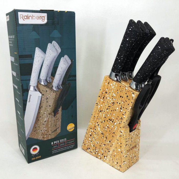 Набір ножів Rainberg RB-8806 на 8 предметів з ножицями та підставкою з нержавіючої сталі. Колір: чорний
