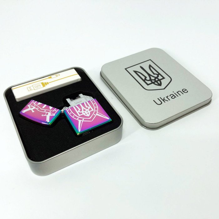 Дугова електроімпульсна запальничка USB Україна металева коробка HL-446. Колір: хамелеон