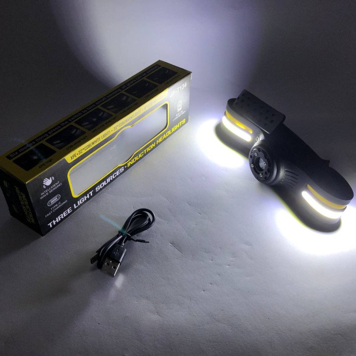 Ліхтар налобний T134-XPE-4COB (white+yellow+red) Motion Sensor, налобний ліхтарик із usb зарядкою