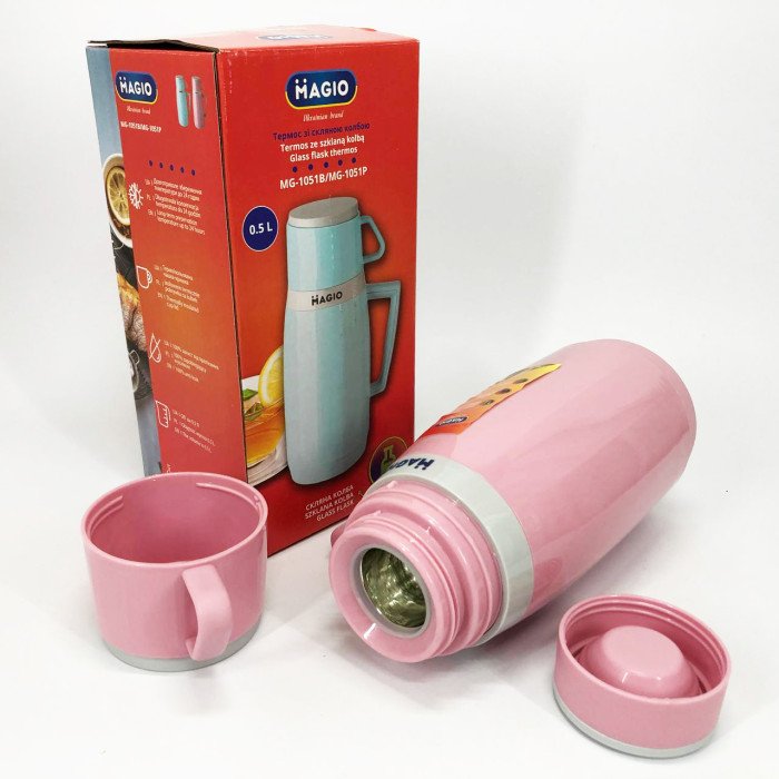 Термос Magio MG-1051P зі скляною колбою, Термос для питної води, термос для дому. Колір: рожевий
