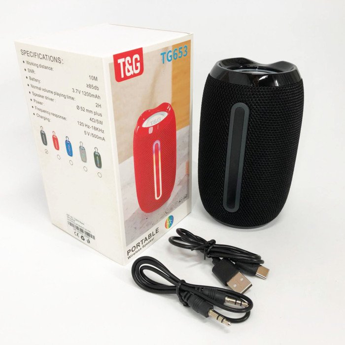 Портативна Bluetooth-колонка TG653 USB з ремінцем, акумуляторна колонка для музики. Колір: чорний