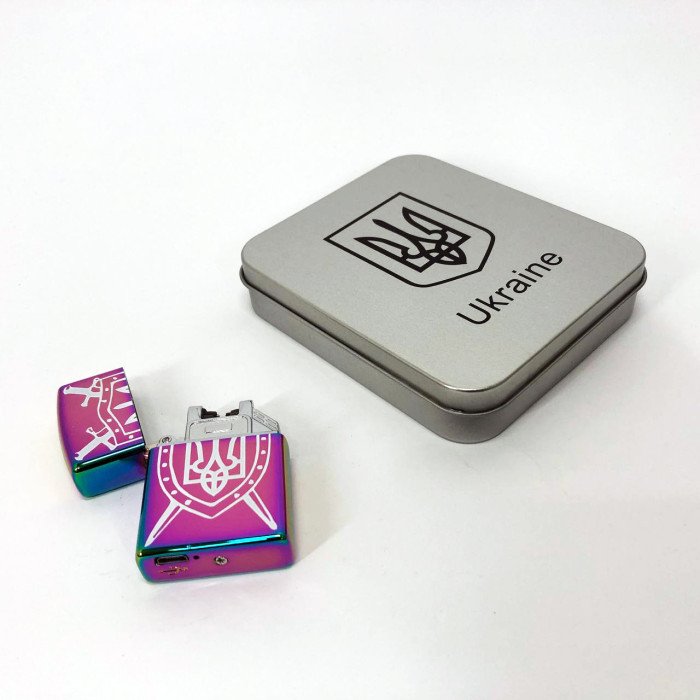 Дугова електроімпульсна запальничка USB Україна металева коробка HL-446. Колір: хамелеон