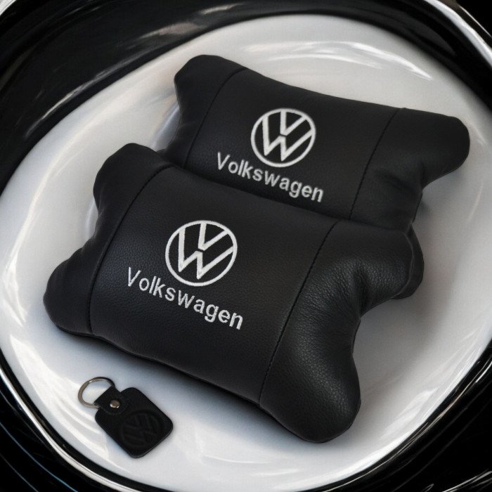 Набір подушок 2шт в авто Volkswagen з натуральної шкіри, на підголовник у машину, Автомобільна  подушка
