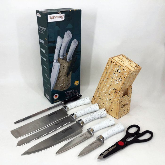Набір ножів Rainberg RB-8806 на 8 предметів з ножицями та підставкою з нержавіючої сталі. Колір: білий