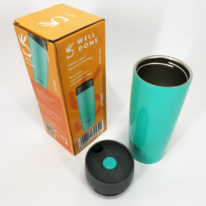 Термокухоль Well Done WD-7053T вакуумний 380 мл, Термос для дитини до школи. Колір: блакитний